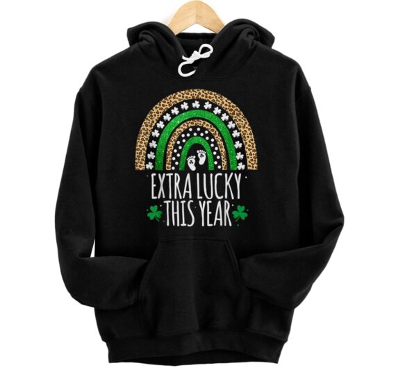 Pregnancy Announcement Lucky Leopard Rainbow St Patricks Day Pullover Hoodie